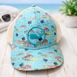 Vineyard Vines Aqua Beach Scene Trucker Hat with Cream Mesh
